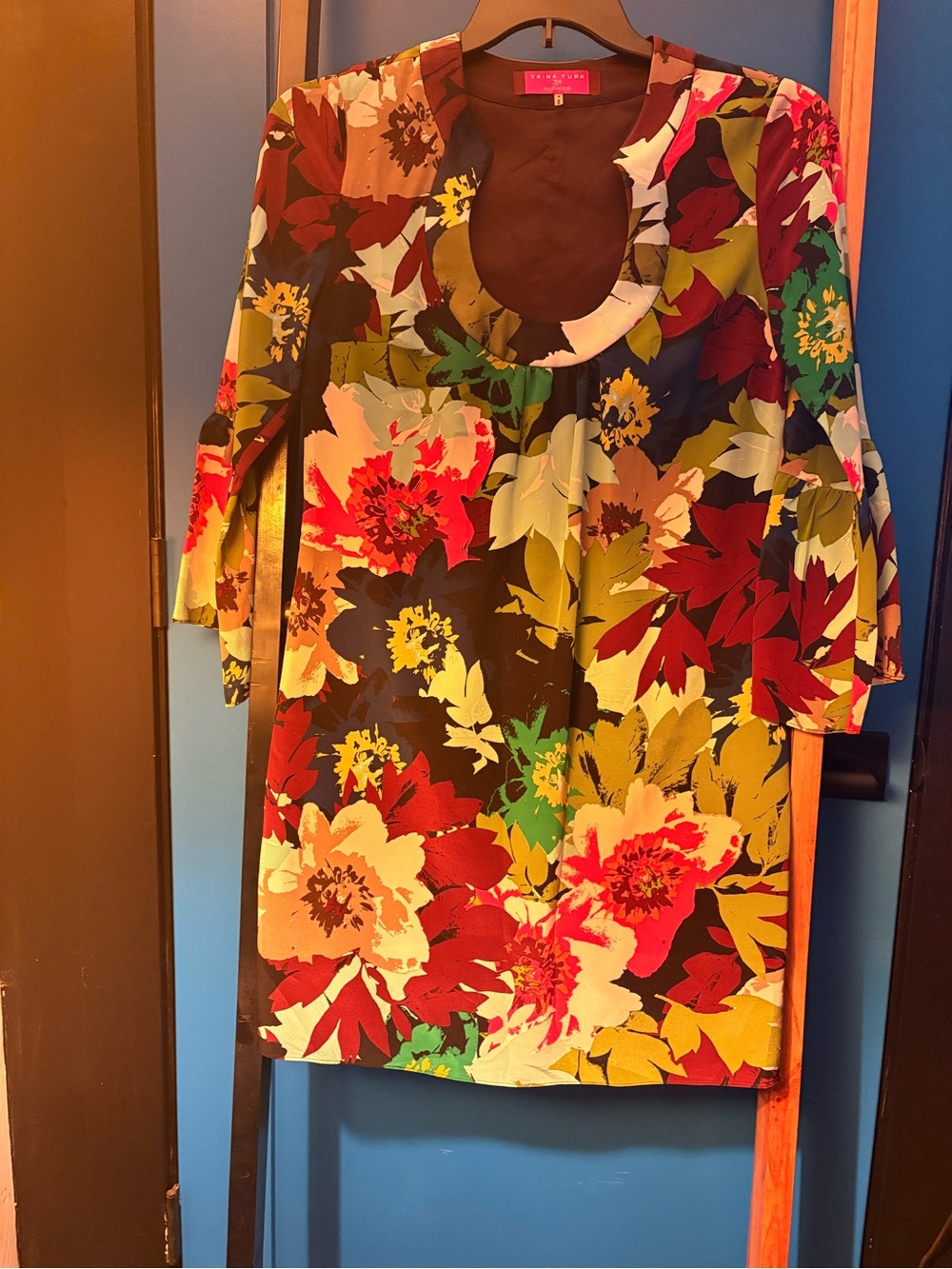Trina Turk Burgundy and Multi-Color Floral Shift Dress